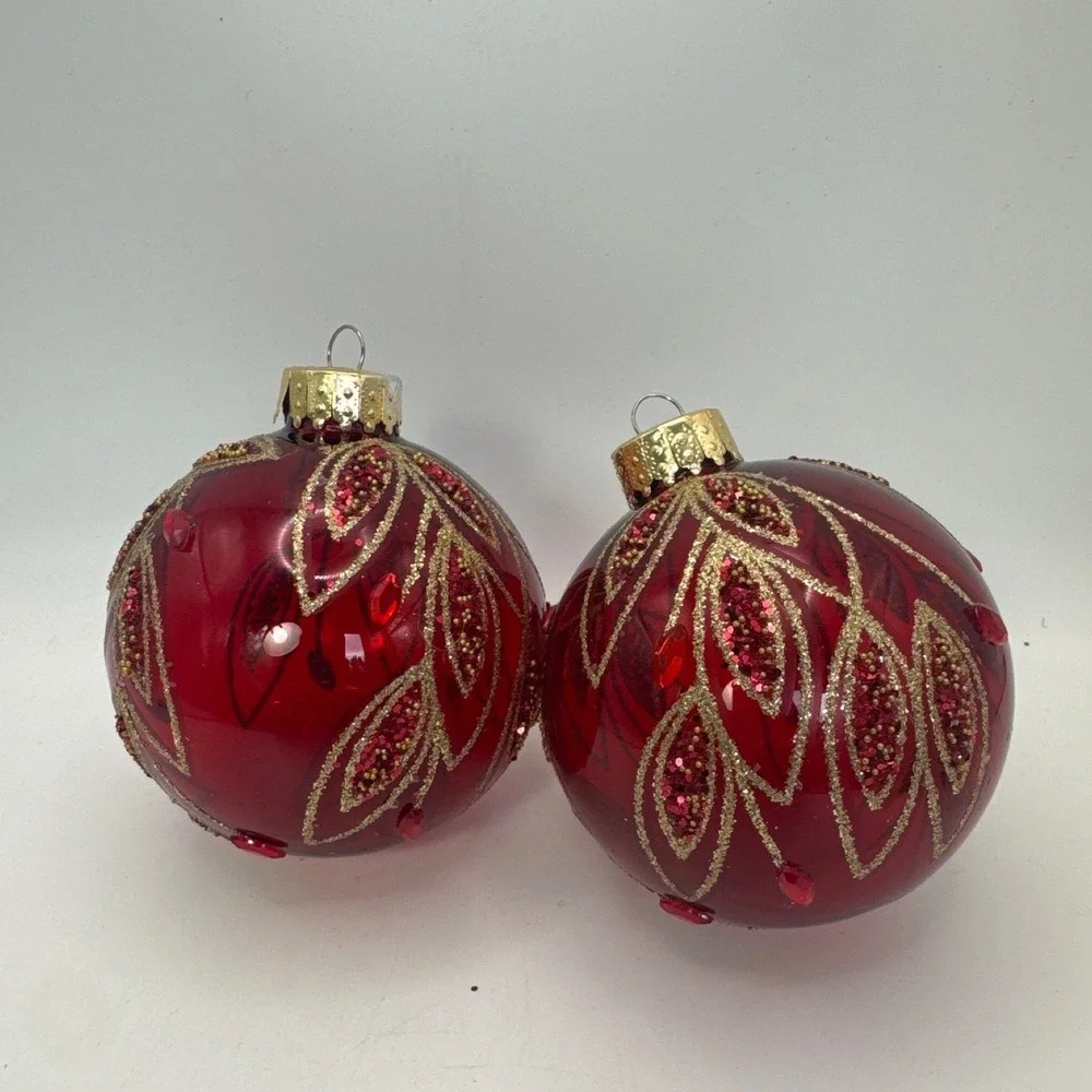 2 Red Glass Christmas Ornaments Gold Glitter Leaf Sequin Rhinestone 3 inch Round